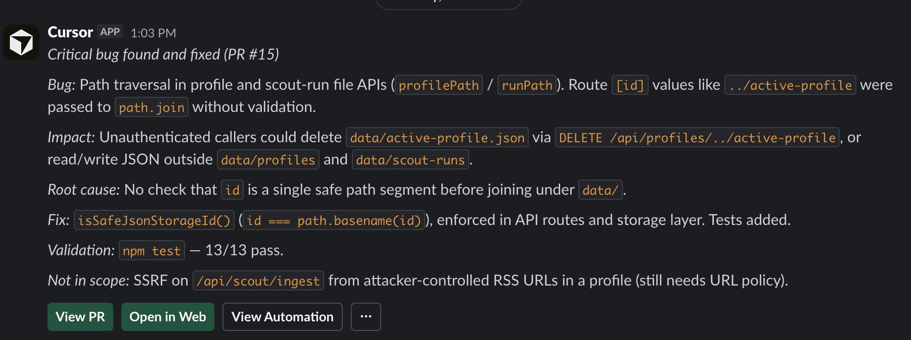Cursor cloud agent reporting a path traversal vulnerability and its fix